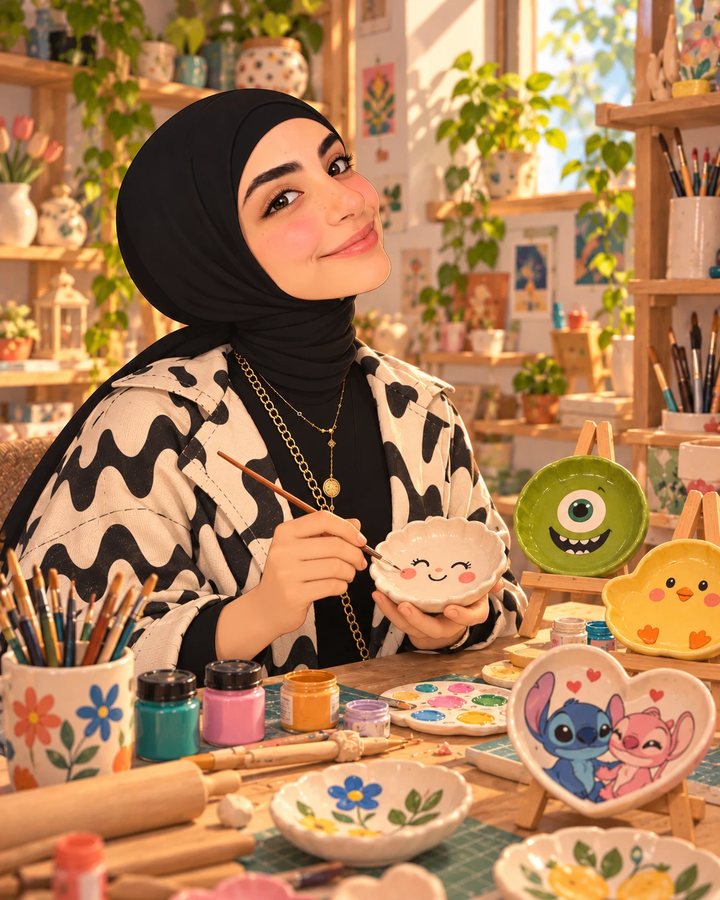 Nourhad painting a smiling face on a small clay dish, with finished painted dishes on easels