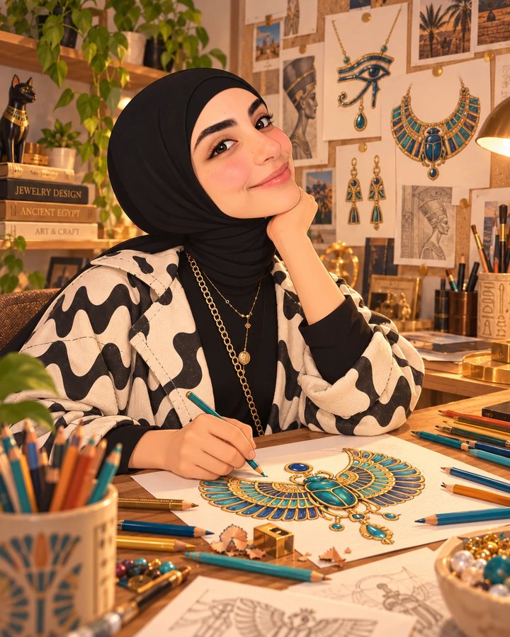 Nourhad coloring an Egyptian winged-scarab necklace design with colored pencils