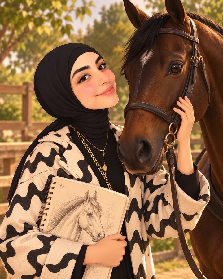 Nourhad stroking a dark bay horse and holding a sketchbook with a horse drawing