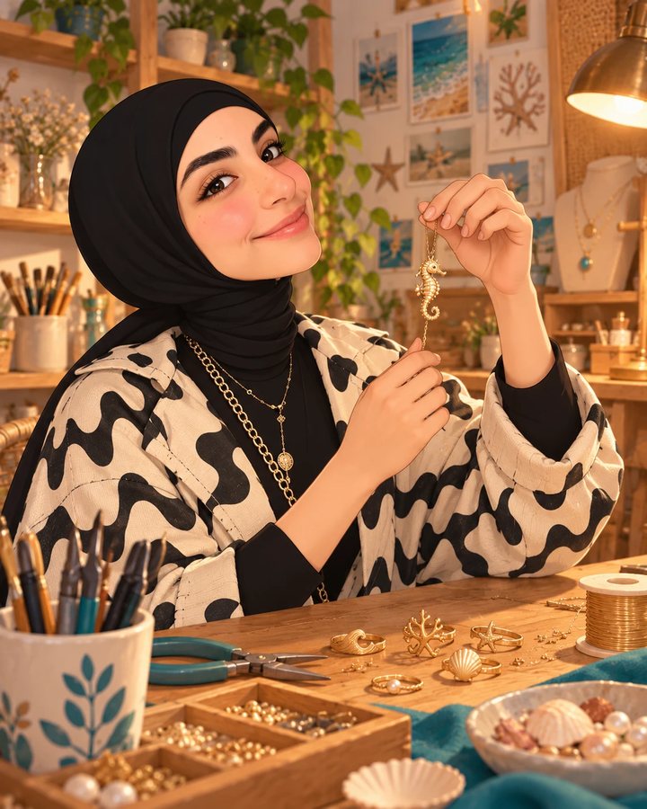 Nourhad at a jeweler's bench holding up a gold seahorse pendant, with handmade rings on the table