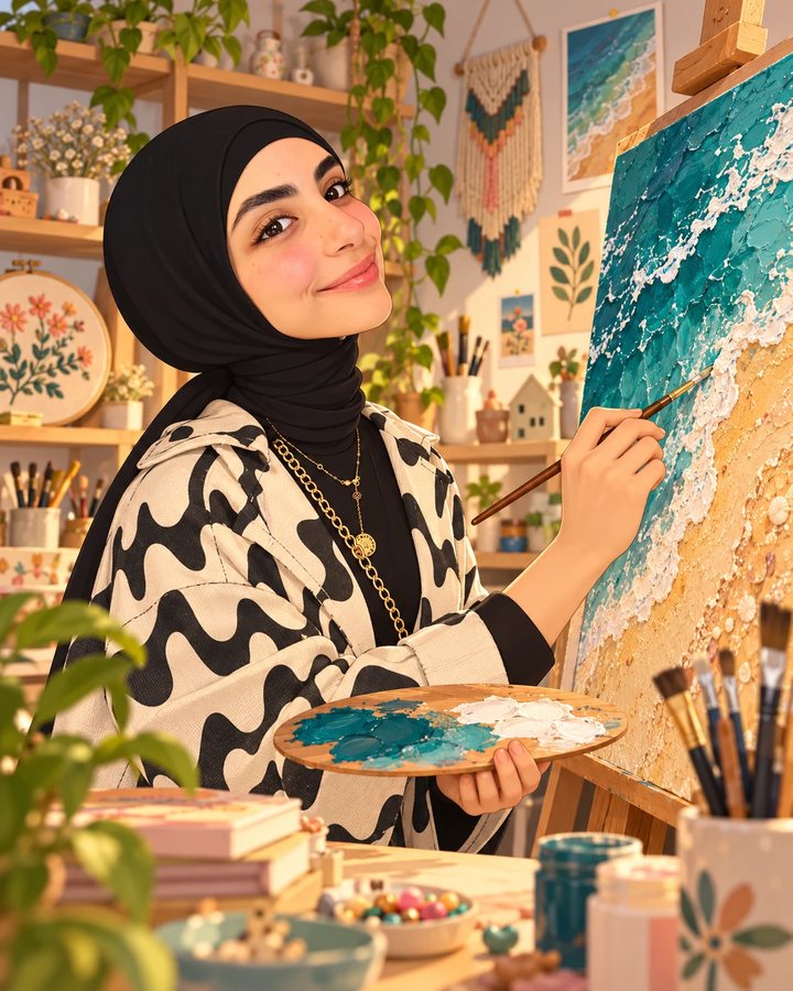 Nourhad at an easel painting a textured beach canvas, palette in hand