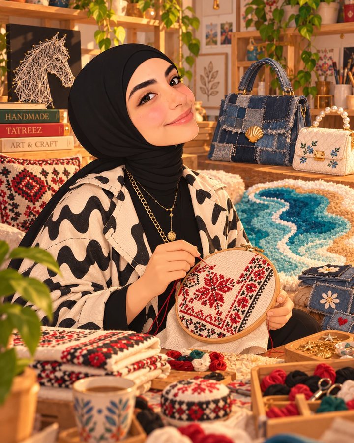 Nourhad stitching red tatreez on an embroidery hoop, surrounded by string art, handmade bags and a lagoon rug