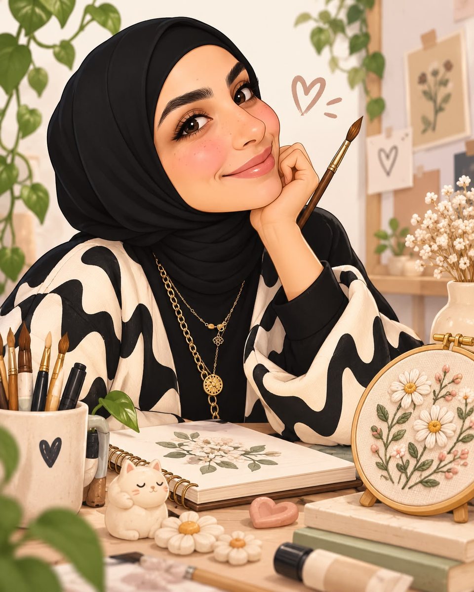 Cartoon of Nourhad at a desk, smiling, holding a paintbrush, with a floral sketchbook, an embroidery hoop and dried flowers